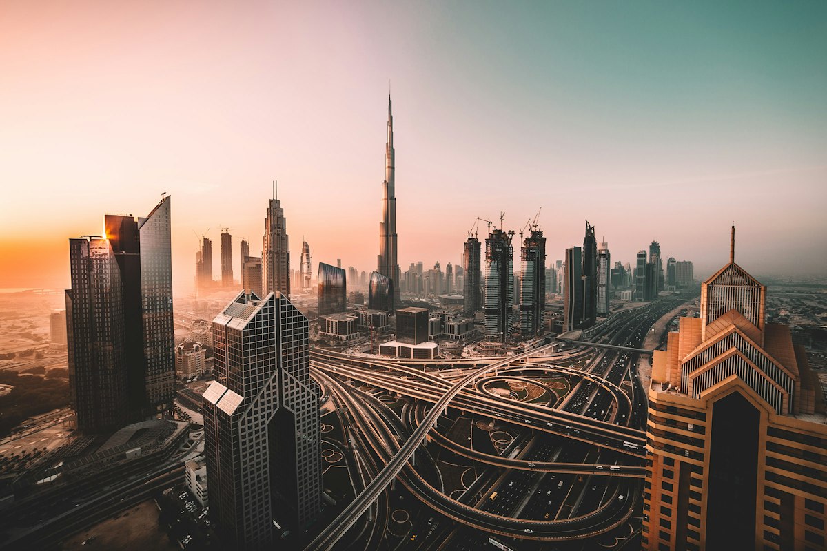 Dubai skyline, residential towers at sunset